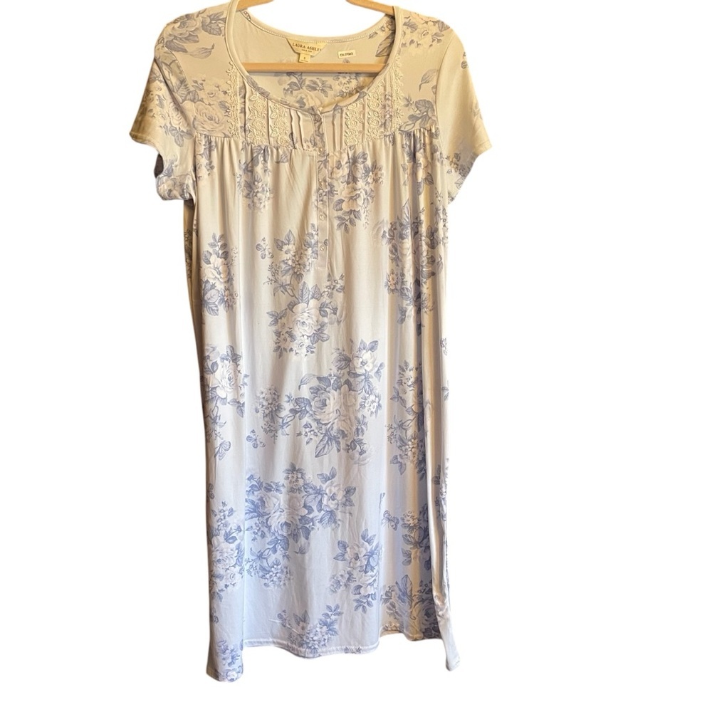 Laura Ashley Light Blue with Blue Floral Flowers-Nightie-Sleep Dress-Size Small
